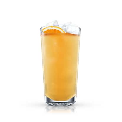 Fog Cutter in a highball glass with ice and an orange wedge on white background