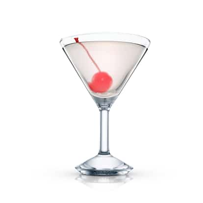 Frankenstein in a martini glass with a cherry on a pick on white background