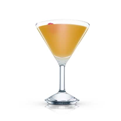 French Bison-tini in a martini glass with a raspberry on white background