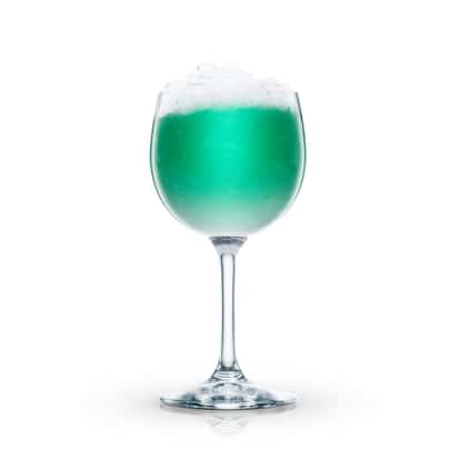 Froth Blower in a stemmed wine glass topped with crushed ice on white background