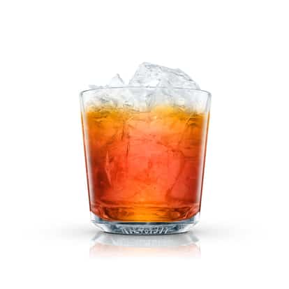 Georgia Peach cocktail in an Absolut rocks glass with crushed ice on white background.