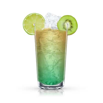 Gg served in a highball glass with ice garnished with a lime wheel and a kiwi slice on white background