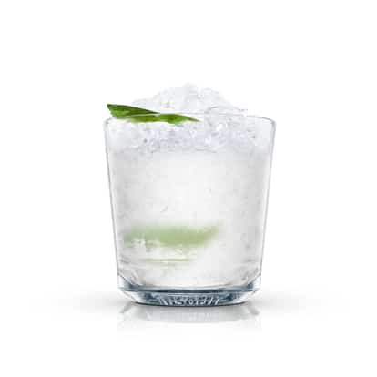 Gin Julep in an Absolut rocks glass with crushed ice and a mint leaf on white background