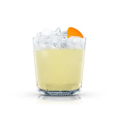 Golden Gate in an Absolut rocks glass with crushed ice and an orange wedge on white background