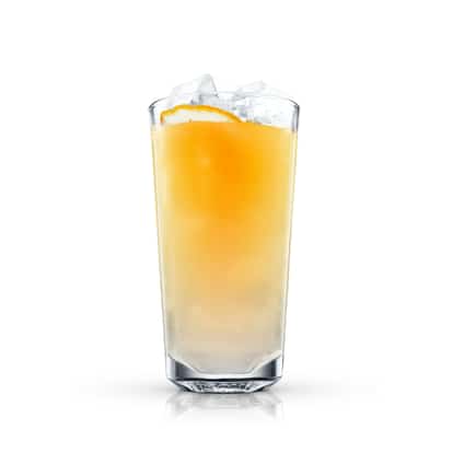 Golden Spike in a highball glass with ice and a citrus twist on white background