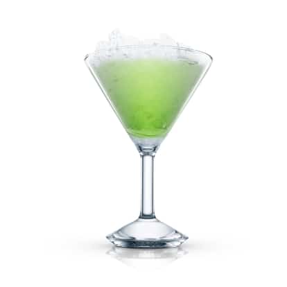 Green Hat served in a martini glass topped with crushed ice on white background