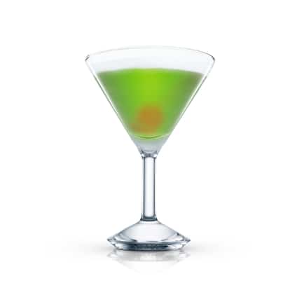 Greenfield in a martini glass with a round garnish on white background