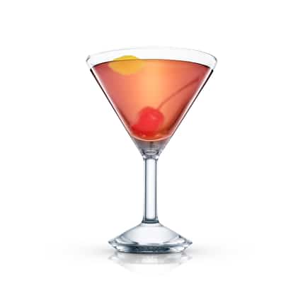 High Brow cocktail in a stemmed martini glass with a cherry and lemon twist on white background.