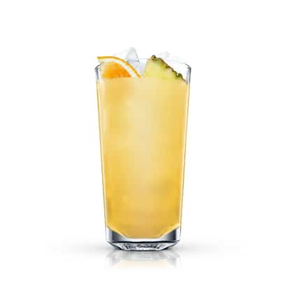 Hock Cup in a highball glass with ice and orange and pineapple wedges on white background