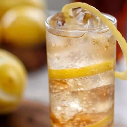 Horse’s Neck in a highball glass with a long lemon peel spiral and ice