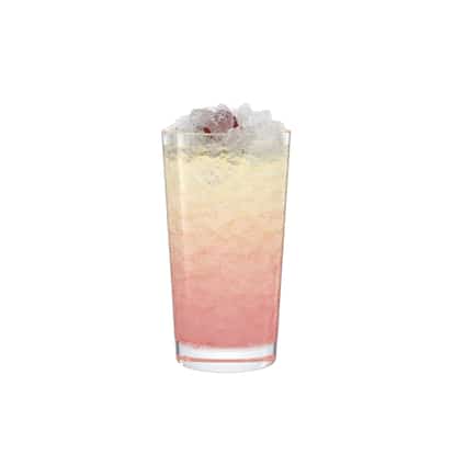 Hoxton Highball served in a highball glass with crushed ice and cherry garnish on white background