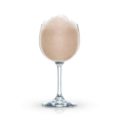 Hummer served in a stemmed wine glass topped with crushed ice on white background