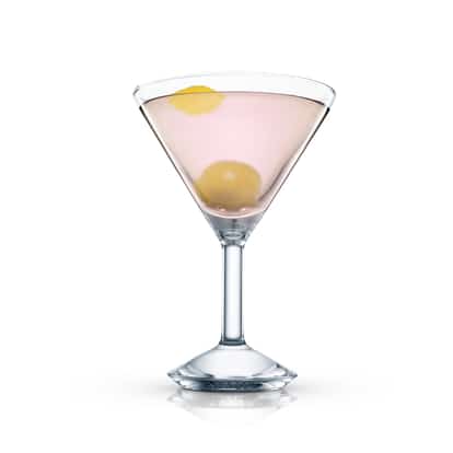 Hunter’s Moon in a martini glass with two olives on white background