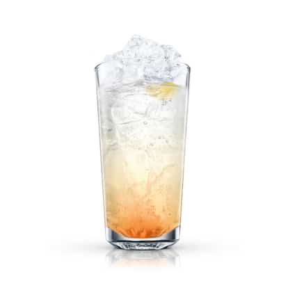 Irish Highball served single-serve in a highball glass with crushed ice and a lemon twist on white background.