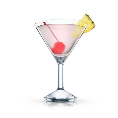 Isola D’oro in an Absolut martini glass with a maraschino cherry on a pick and a pineapple wedge on the rim