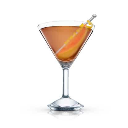 Kentucky Colonel in a martini glass with an orange twist skewered on a pick on white background