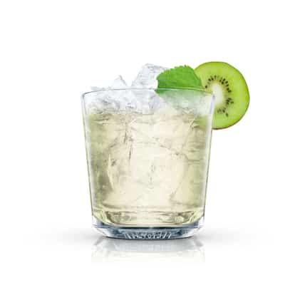 Kiwi and Mint Julep in an Absolut rocks glass with crushed ice and a kiwi wheel and mint leaf