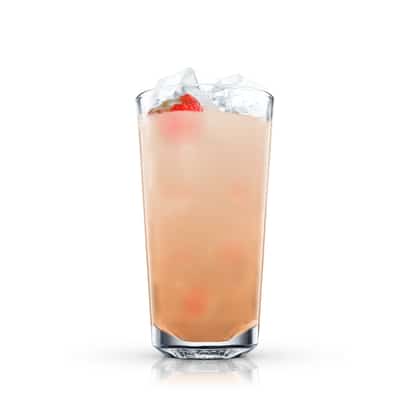 L.O Smith Punch in a highball glass with ice and a strawberry garnish on white background