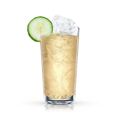 Limelight served in a highball glass with ice and cucumber wheel on white background