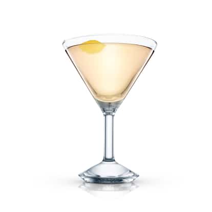 Single pale yellow cocktail in a martini glass garnished with a lemon twist on white background.