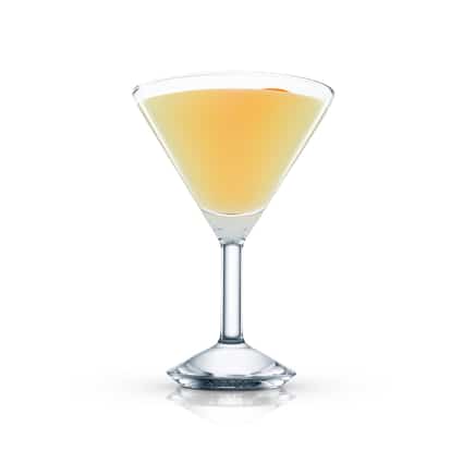 Maragato in a martini glass with an orange twist on white background