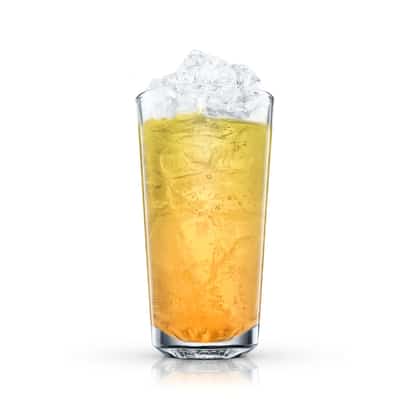 Mat The Rat in a tall highball glass with crushed ice and a clear reflection on white background