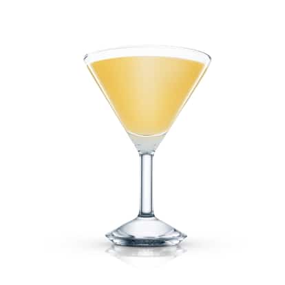Pale yellow martini in a stemmed martini glass on white background.