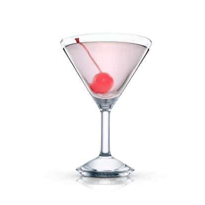 Midnight Sun in a martini glass with a maraschino cherry on a stem on white background