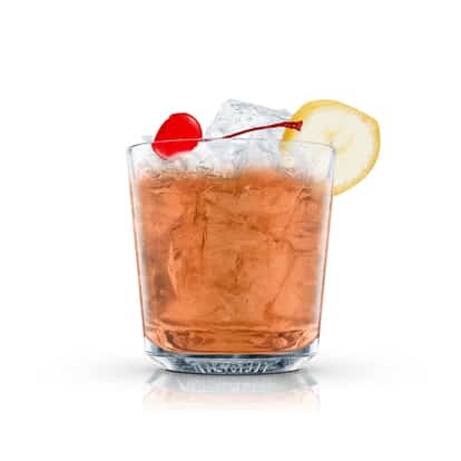 Monsieur Carnaval in an Absolut rocks glass with crushed ice topped with a lemon wheel and maraschino cherry
