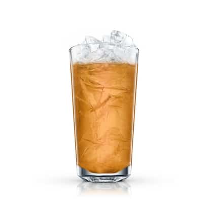 Monza served in an iced highball glass on white background