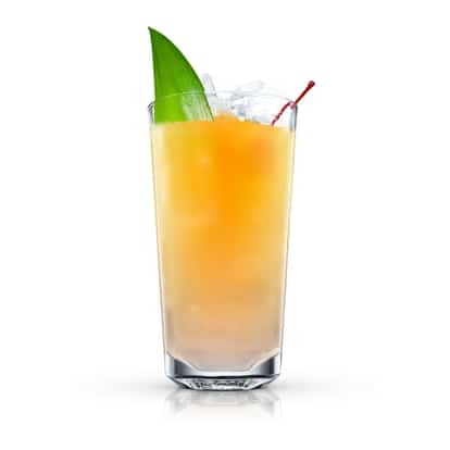 Morton's Special in a highball glass with ice, a pineapple leaf and a maraschino cherry on a pick on white background