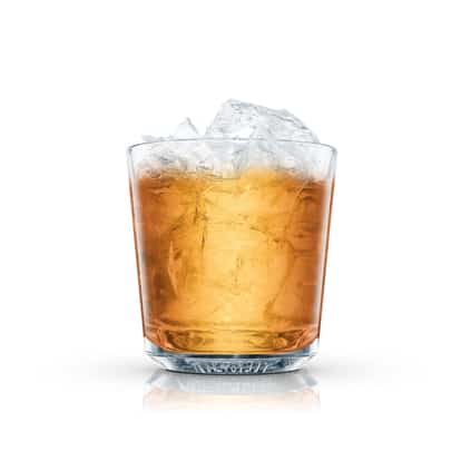 Mule Hind Leg in an Absolut rocks glass with crushed ice on white background