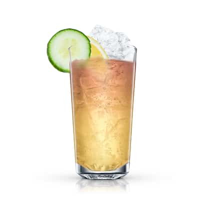 On The Lawn served in a highball glass with ice and cucumber slice and lemon wedge garnish on white background