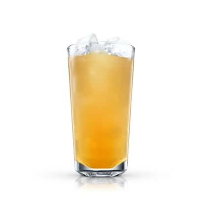 Orange Oasis served in a highball glass with ice on white background