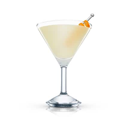 Papa's Flight served in a martini glass with orange peel garnish on white background
