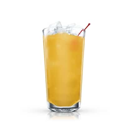 Paradise Punch served in a highball glass with ice and a cocktail cherry on white background