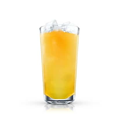 Peach Blossom in a highball glass with ice on white background
