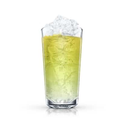Piggelin served in a highball glass filled with crushed ice on white background