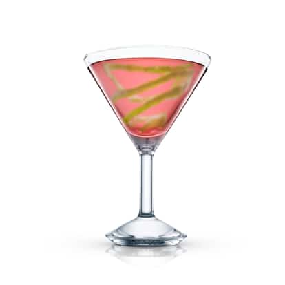 Pink Gin served in a martini glass with a lemon twist on white background