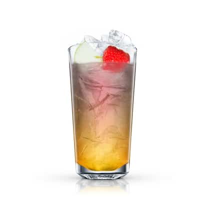 Posh Punch in a tall highball glass over crushed ice garnished with pear slice and strawberry on white background