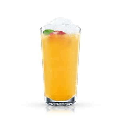 Rapaska served in a highball glass with crushed ice and mint leaf and strawberry slice