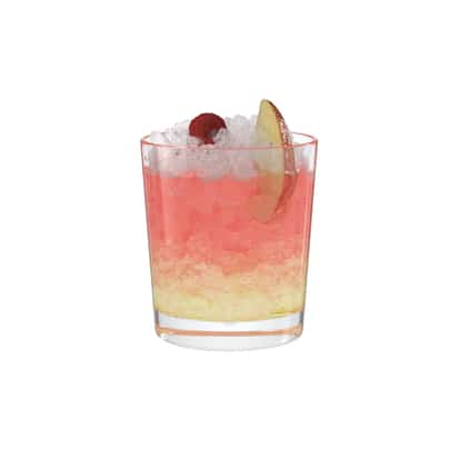 Raspberri Splash in a rocks glass topped with crushed ice and garnished with a raspberry and lemon wedge
