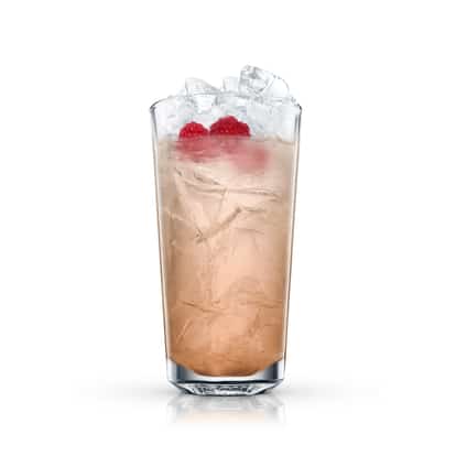 Raspberry Debonnaire in a highball glass with crushed ice and two raspberries on white background
