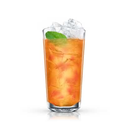 Raspberry Iced Tea in a tall glass topped with crushed ice and a mint leaf on white background