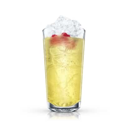 Razzamataz in a tall highball glass with crushed ice and two raspberries on white background.
