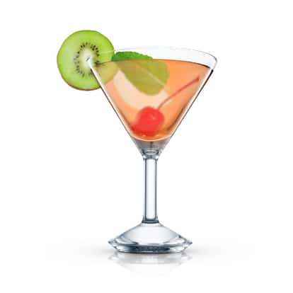 Cocktail in a martini glass garnished with a kiwi slice mint leaf and cherry on white background