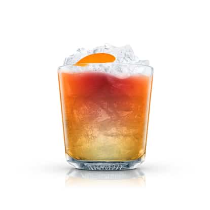 Red Velvet in an Absolut rocks glass with crushed ice and an orange peel on white background