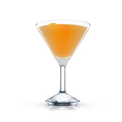 Roadster served in a martini glass with a lemon twist on white background