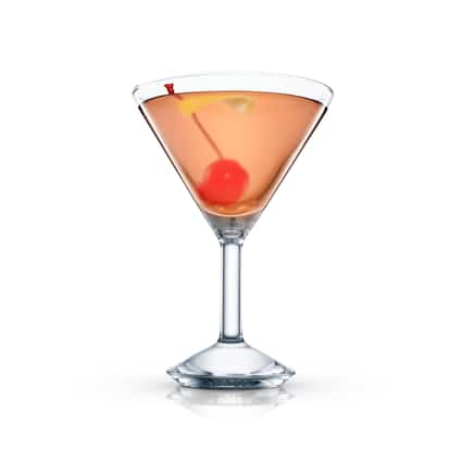 Rob Roy Perfect in an Absolut martini glass garnished with a cherry and lemon twist on white background