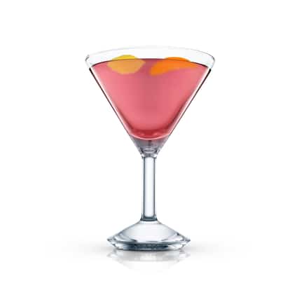 Roberta in a martini glass with citrus peel garnish on white background